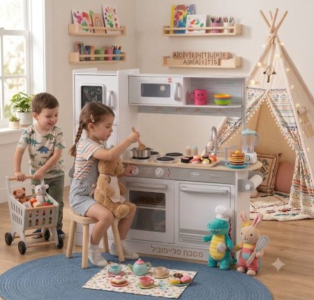 مطبخ أطفال خشبي كبير ومتكامل مع ثلاجة وفرن – 109×104×35 سم | 9 إكسسوارات